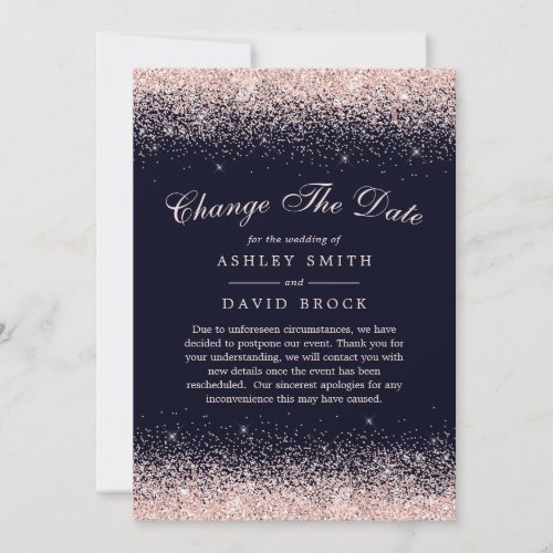Rose Gold Confetti Navy Blue Change The Date Save The Date