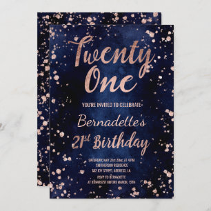 Rose gold confetti navy blue chic  21st Birthday Invitation