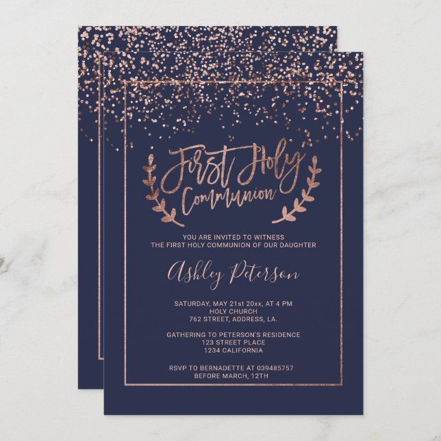 Rose gold confetti navy blue chic first communion invitation (Front/Back)