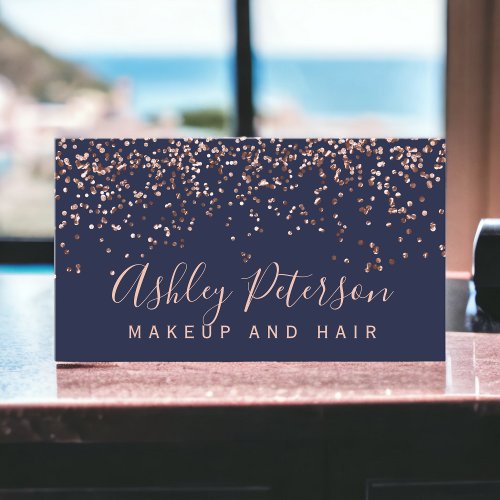 Rose gold confetti navy blue chic typography business card