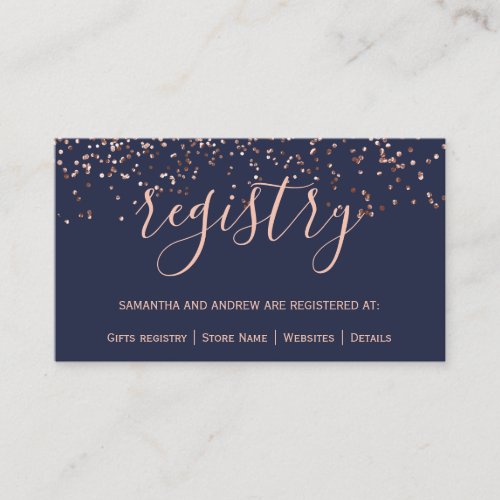 Rose gold confetti navy blue chic wedding registry enclosure card