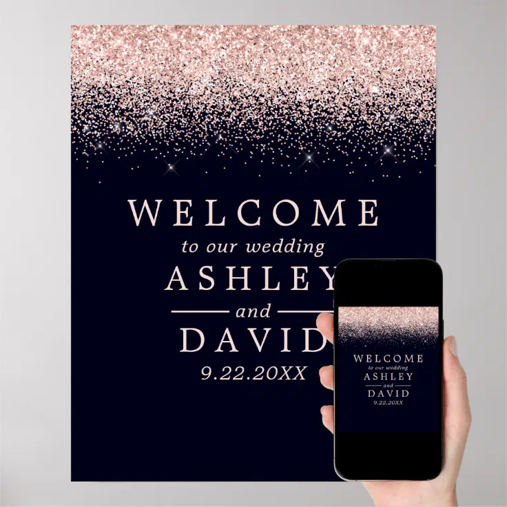Rose Gold Confetti Navy Blue Chic Wedding Welcome Poster Zazzle