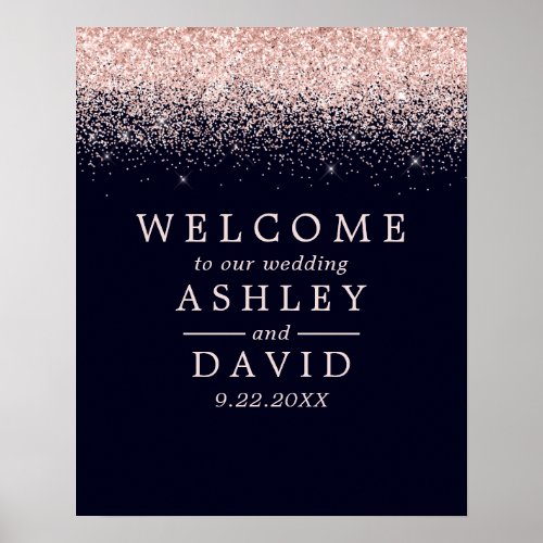 Rose Gold Confetti Navy Blue Chic Wedding Welcome Poster