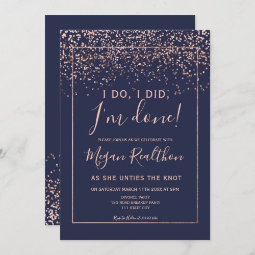 Rose gold confetti navy blue divorce party invitation