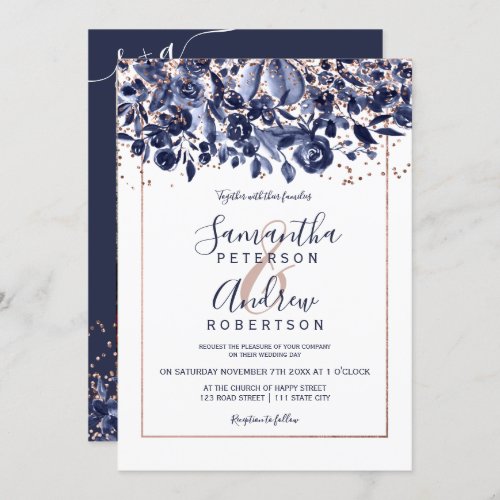Rose gold confetti navy blue floral photo wedding invitation