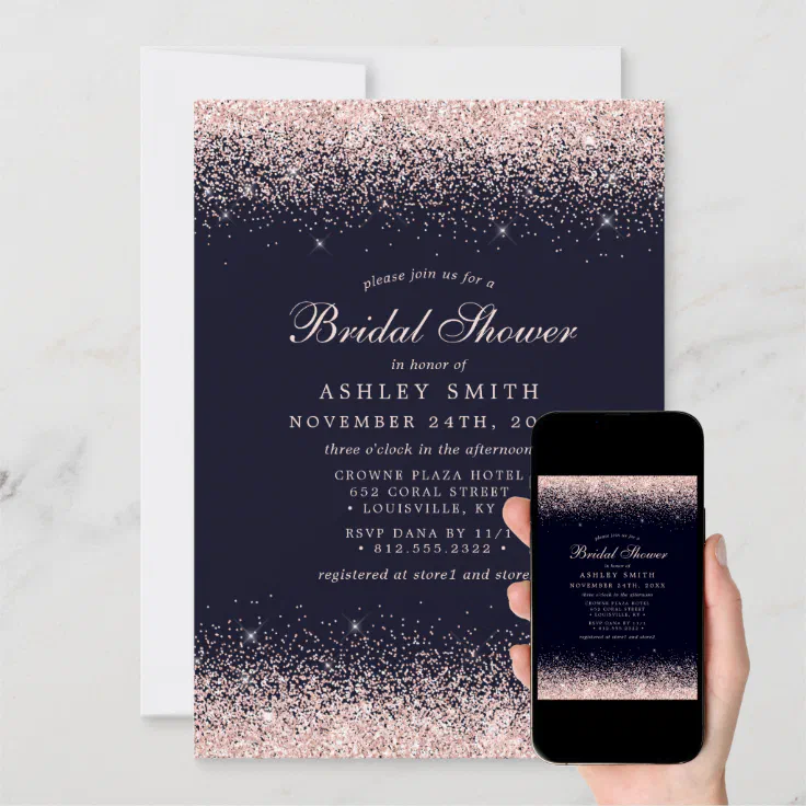 Rose Gold Confetti Navy Blue Modern Bridal Shower Invitation Zazzle