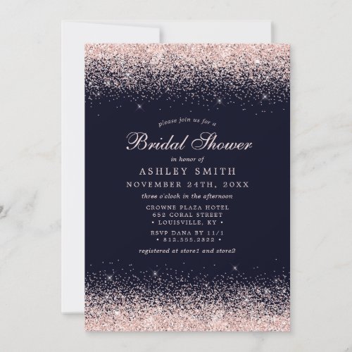 Rose Gold Confetti Navy Blue Modern Bridal Shower Invitation