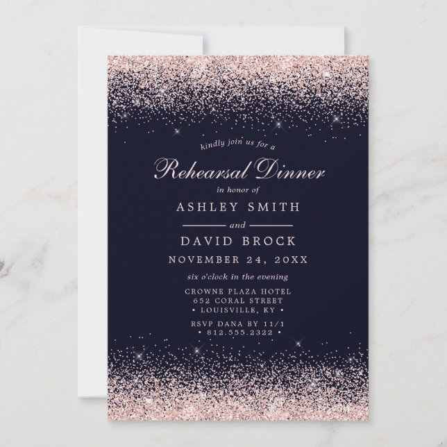 Rose Gold Confetti Navy Blue Modern Rehearsal Invitation (Front)