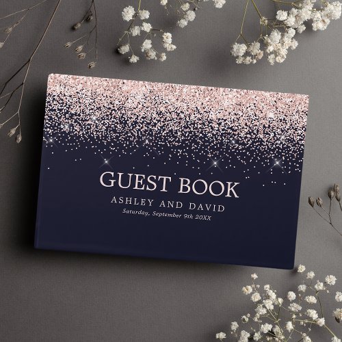 Rose Gold Confetti Navy Blue Modern Wedding Guest Book