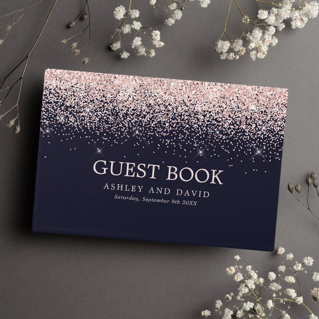Rose Gold Confetti Navy Blue Modern Wedding Guest Book (Creator Uploaded)
