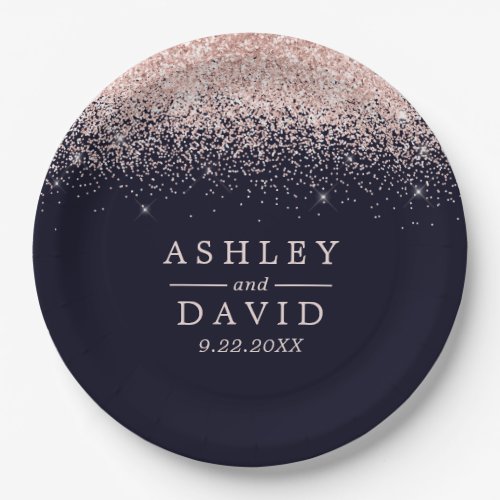 Rose Gold Confetti Navy Blue Modern Wedding Paper Plates