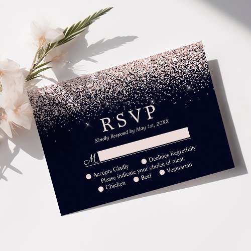 Rose Gold Confetti Navy Blue Modern Wedding RSVP