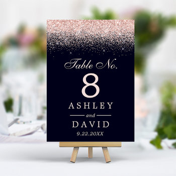 Rose Gold Confetti Navy Blue Modern Wedding Table Number by PrintablePretty at Zazzle