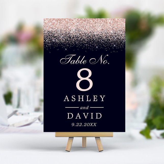 Rose Gold Confetti Navy Blue Modern Wedding Table Number (Creator Uploaded)