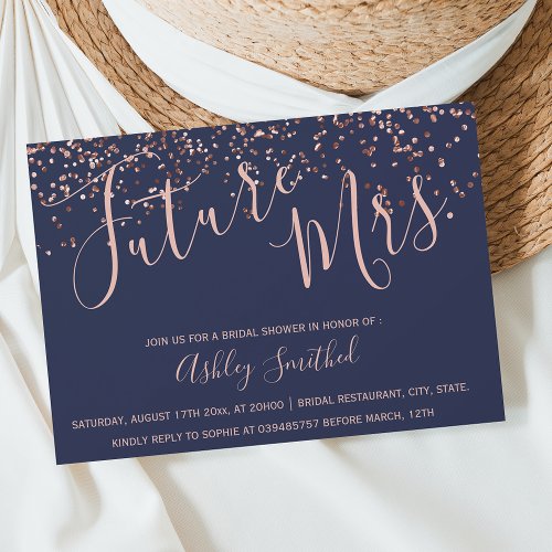 Rose gold confetti navy blue Mrs bridal shower Invitation