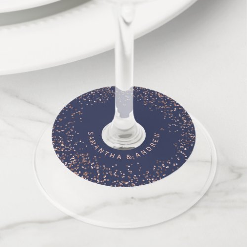 Rose gold confetti navy blue  names wedding wine glass tag