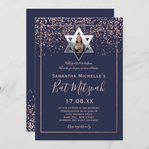 Rose gold confetti navy blue photo bat Mitzvah Invitation