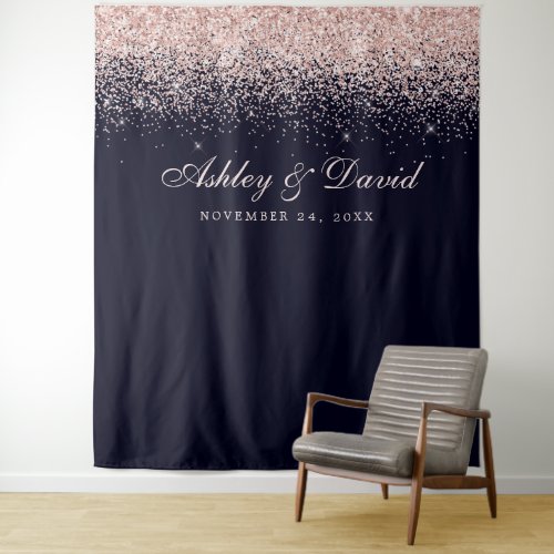Rose Gold Confetti Navy Blue Photo Booth Backdrop