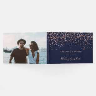 Rose gold confetti navy blue photo wedding guest book