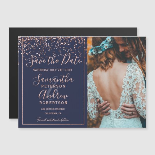 Rose gold confetti navy blue save the date photo