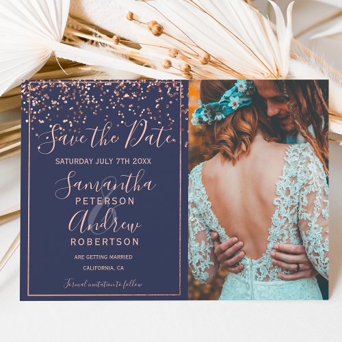 Rose gold confetti navy blue save the date photo