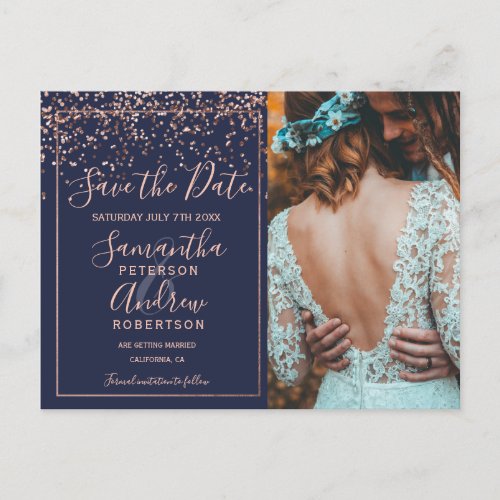 Rose gold confetti navy blue save the date photo postcard