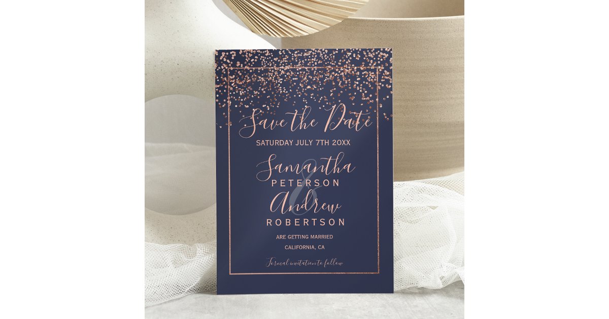 Rose gold confetti navy blue save the date wedding | Zazzle