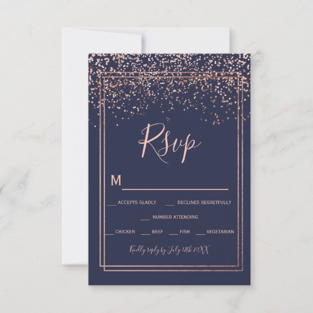 Rose gold confetti navy blue script border rsvp (Front)