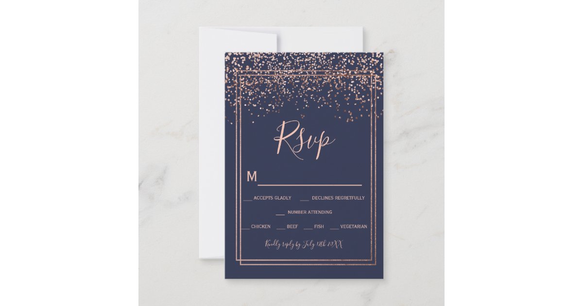 Rose gold confetti navy blue script border rsvp card | Zazzle
