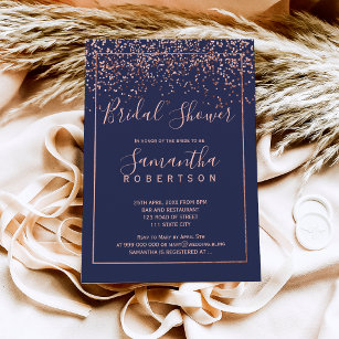 Rose gold confetti navy blue script bridal shower invitation