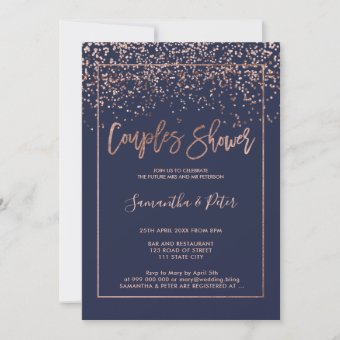 Rose gold confetti navy blue script couples shower invitation | Zazzle