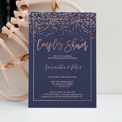 Rose gold confetti navy blue script couples shower invitation