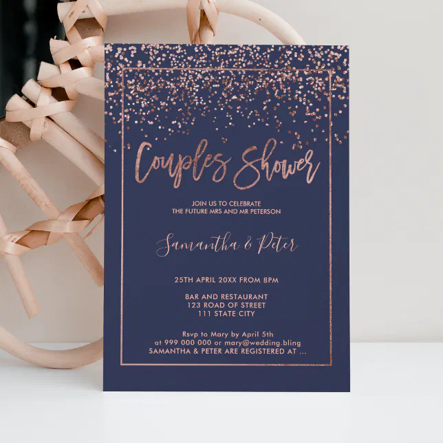 Rose gold confetti navy blue script couples shower invitation | Zazzle