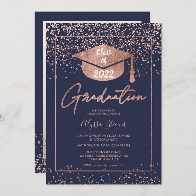 Rose gold confetti navy blue script graduation invitation (Front/Back)