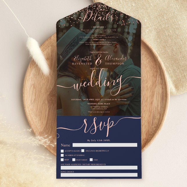 Rose gold confetti navy blue script photo wedding all in one invitation (Creator Uploaded)