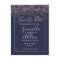 Rose gold confetti navy blue script save the date