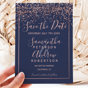 Rose gold confetti navy blue script save the date announcement postcard