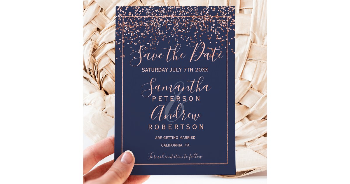 Rose gold confetti navy blue script save the date announcement postcard ...