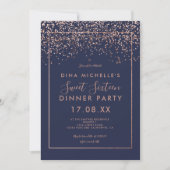 Rose gold confetti navy blue script Sweet 16 Invitation (Front)
