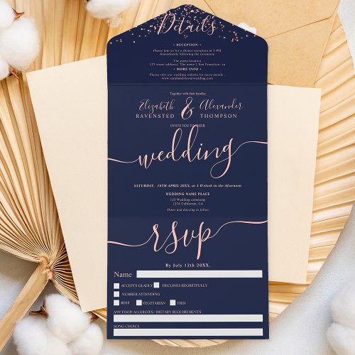 Rose gold confetti navy blue script wedding all in one invitation