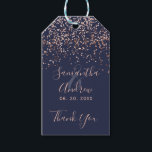 Rose gold confetti navy blue script wedding favor gift tags<br><div class="desc">Rose gold confetti navy blue typography thank you</div>