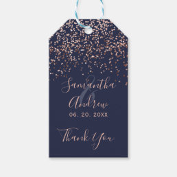 Rose gold confetti navy blue script wedding favor gift tags