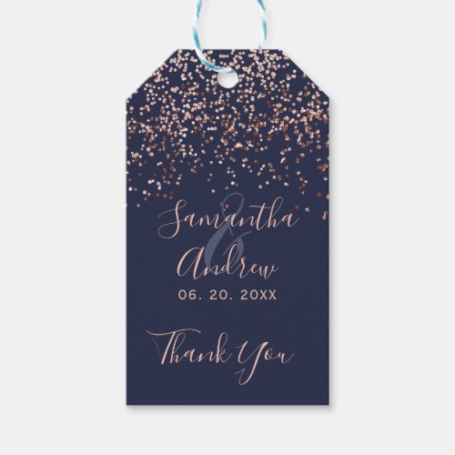 Rose gold confetti navy blue script wedding favor gift tags