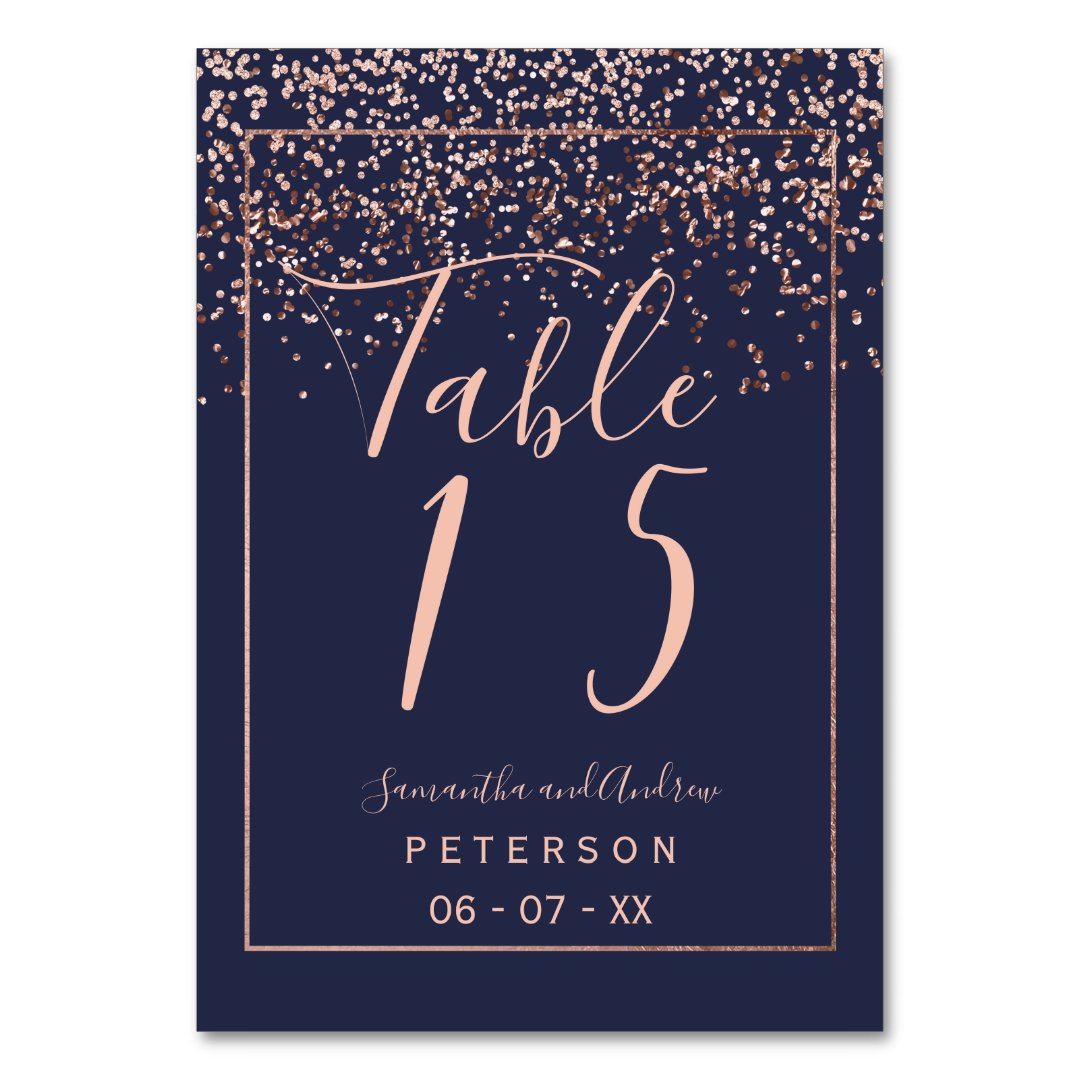 Rose gold confetti navy blue script wedding table table number | Zazzle