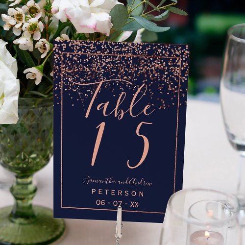 Rose gold confetti navy blue script wedding table table number