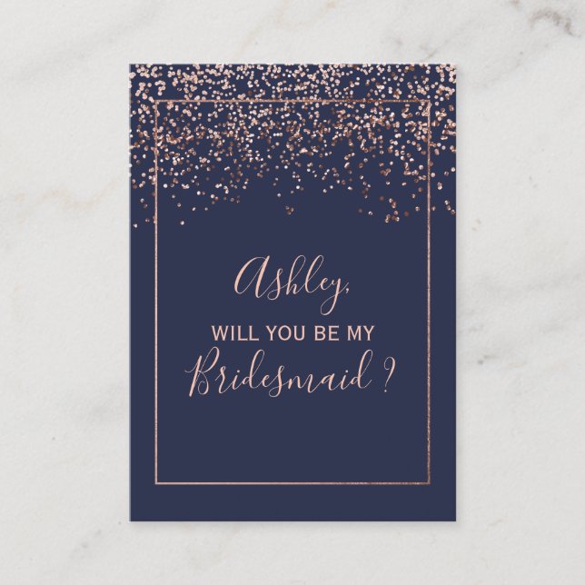 Rose gold confetti navy blue typography bridesmaid enclosure card (Front)