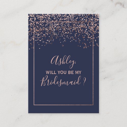 Rose gold confetti navy blue typography bridesmaid enclosure card