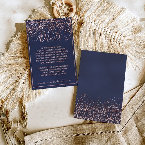 Rose gold confetti navy blue typography details enclosure card
