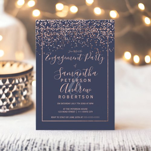 Rose gold confetti navy blue typography engagement invitation