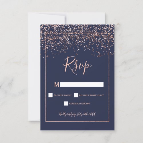 Rose gold confetti navy blue typography rsvp